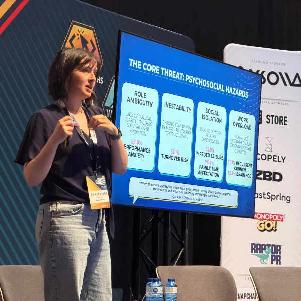 HappyPathLAB talk on psychosocial hazards in game development at Pocket Gamer Connects